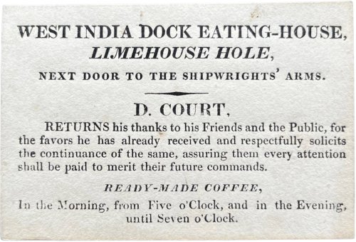 West India Dock Eating-House, Limehouse Hole, Next Door to the Shipwright&rsquo;s Arms.