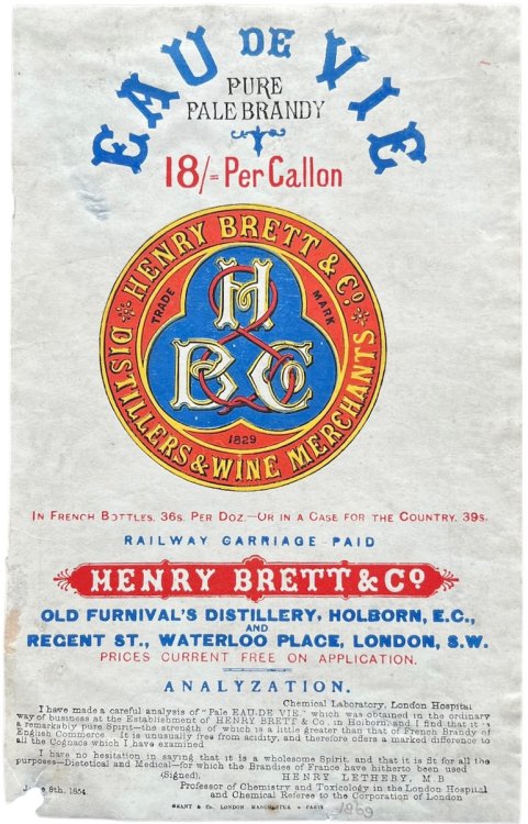 Eau de Vie, Pure Pale Brandy, 18/- Per Gallon.