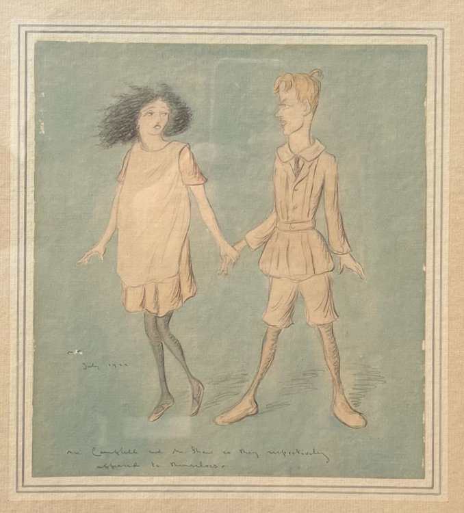 Two Original Watercolour Cartoons relating to the affair between George Bernard Shaw and Mrs Patrick Campbell. Titled “Mrs. Campbell and Mr. Shaw as They Respectively Appeared to Themselves,” and “Mrs. Campbell and Mr. Shaw as They Respectively Appear to Each Other.”
