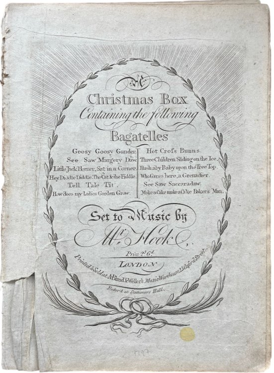 A Christmas Box Containing the Following Bagatelles: Goosy Goosy Gander, See Saw Margery Daw, Little Jack Horner., Hey Diddle Diddle., Tell Tale Tit, How Does My Ladies Garden Grow, Hot Cross Buns, Three Children Sliding on the Ice, Hush a by Baby, Who Goes Here a Grenadier, See Saw Saccaradaw, Make