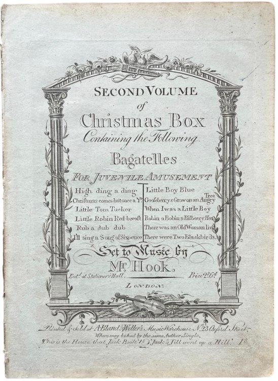 Second Volume of Christmas Box Containing the Following Bagatelles for Juvenile Amusement: High Ding a Ding, Christmas Comes butu Once a Year, Little Tom Tucker, Little Robin Red-breast, I’ll Sing a Song of Sixpence, Little Boy Blue, Gooseberrys Grow on an Angry Tree, When I was a Little Boy, 