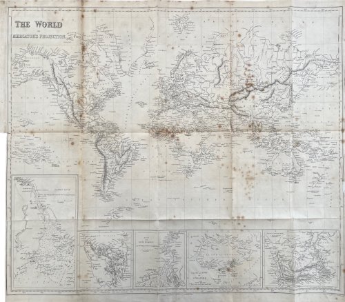 The World on Mercator&rsquo;s Projection. With inset maps of The Canton River, Van Diemen&rsquo;s Land, Mouths of the River Hooghly, Island and Town of Singapore and the Colony of Good Hope.