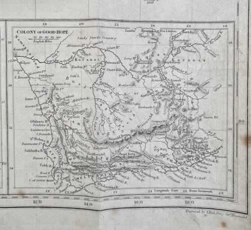The World on Mercator&rsquo;s Projection. With inset maps of The Canton River, Van Diemen&rsquo;s Land, Mouths of the River Hooghly, Island and Town of Singapore and the Colony of Good Hope.