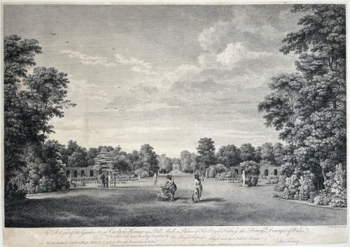 A View of the Garden &c. at Carlton House in Pall Mall, a Palace of Her Royal Highness the Princess Dowager of Wales. [also with of French text]