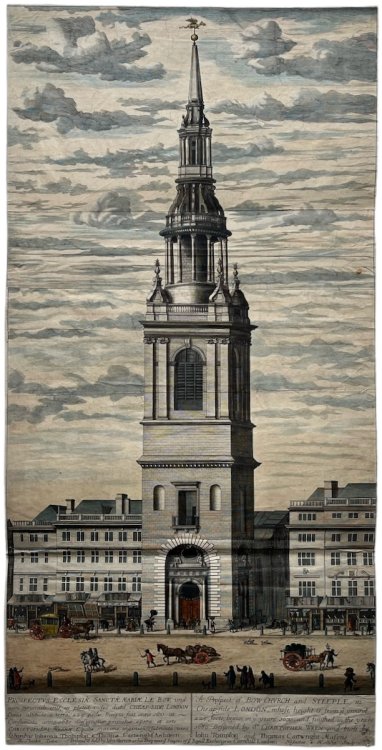 A Prospect of Bow Church and Steeple in Cheap-side London, whose height is from ye ground 225 foote, begun in ye yeare 1671 and finished in the yeare 1680. Designed by Christopher Wren, and built by by John Thompson and Thomas Cartwright, Masons.
