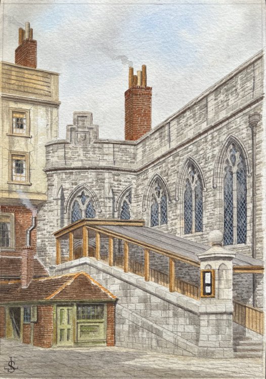 Side View of Crosby Hall Showing Outside Staircase. [inscription verso]
