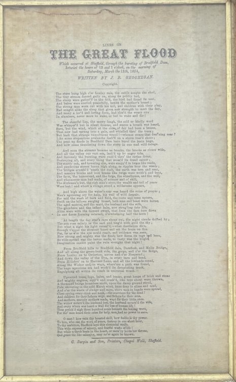 Lines on the Great Flood, Which occurred at Sheffield Through the Bursting of the Bradfield Dam, betwixt the hours of 12 and 1 o’clock, on the Morning of Saturday, March the 12th, 1864.