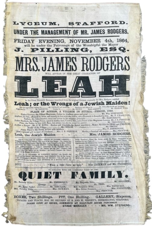 Mrs James Rogers will appear in Her Great Character of Leah in. Leah; or the Wrongs of a Jewish Maiden.