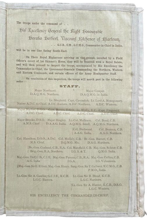 Programme of the Review in Honour of Their Royal Highnesses The Prince and Princess of Wales. Held at Rawl Pindi, on 8th December, 1905.