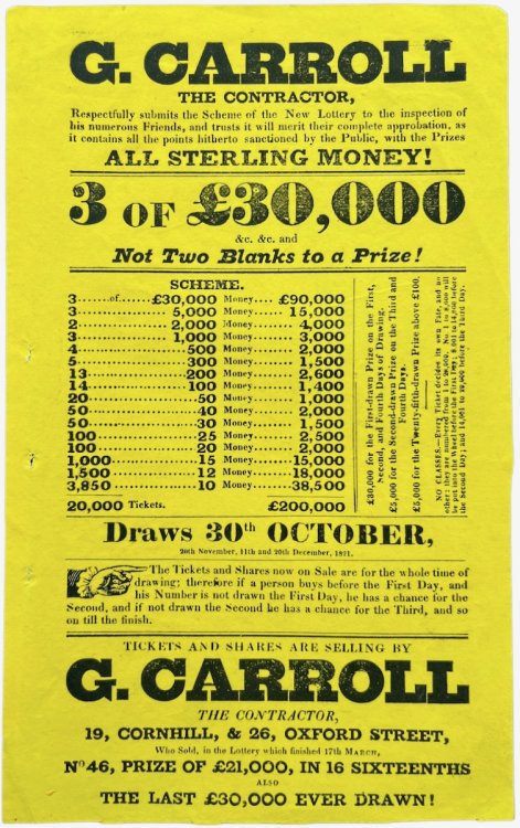 G. Carroll, the Contractor. All Sterling Money. 3 of £30,000 &c. &c. and Not Two Blanks to a Prize.