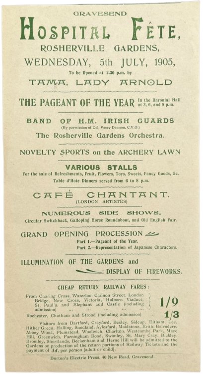 The Pageant of the Year. Novelty Sports on the Archery Lawn. Caf&eacute; Chantant London Artistes). Numerous Side Shows. Circular Switchback, Galloping Horse Roundabout, and Old English Fair. Illumination of the Gardens and Display of Fireworks.