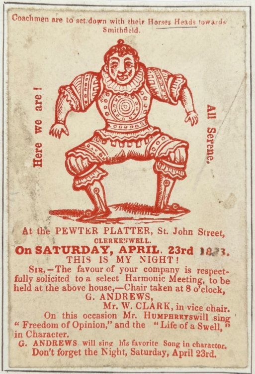 At the Pewter Platter, St. John Street, Clerkenwell. On Saturday, April 23rd. 1873. Chair Taken at 8 o’clock by Mr. Andrews.