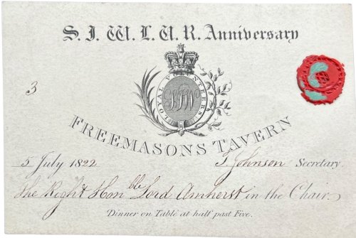 S.J.W.L.V.R. Anniversary. Ticket. Freemason&rsquo;s Tavern.