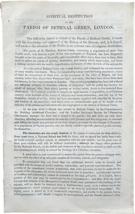 Spiritual Destitution of the Parish of Bethnal Green, London.