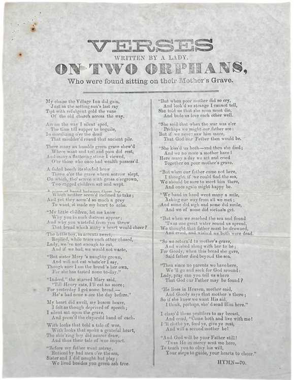 Verses Written by a Lady on Two Orphans, Who Were Found Sitting on Their Mother’s Grave.
