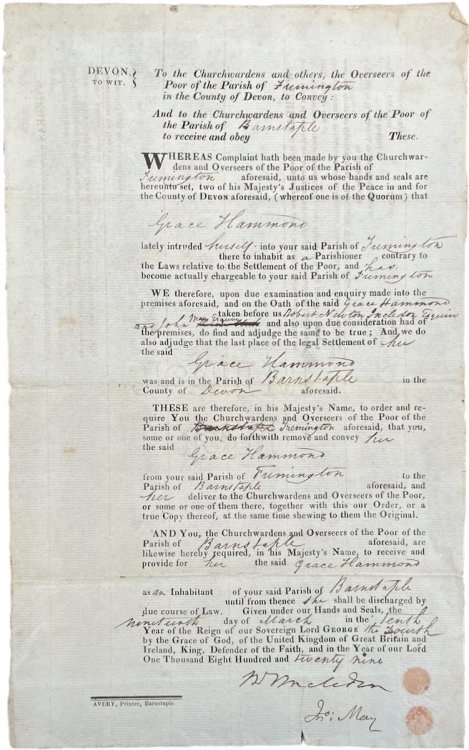 [Official Instruction to the Churchwardens and Overseers of the Poor of the Parish of Barnstaple to take Grace Hammmond into their care]