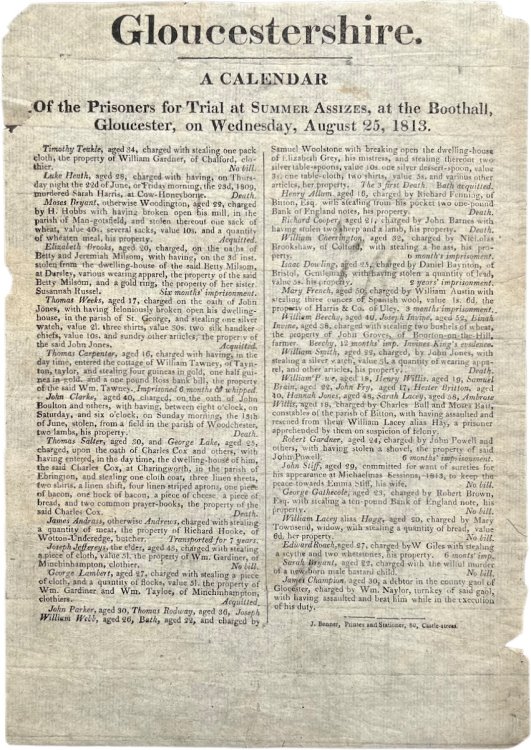 Gloucestershire. A Calendar of the Prisoners for Trial at Summer Assizes, at the Boothall, Gloucester, on Wednesday, August 25, 1813.