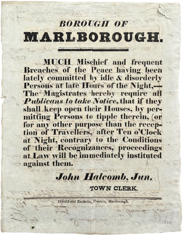 Much Mischief and Frequent breaches of the Peace having been lately committed by idle and disorderly Persons at Late Hours of the Night. all Publicans to take Notice. John Halcomb, Jun. Town Clerk.