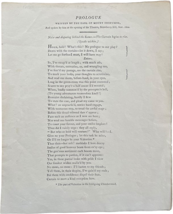 Prologue Written by the Earl of Mount Edgcumbe, and spoken by him at the opening of the Theatre, Strawberry Hill, Nov. 1800.