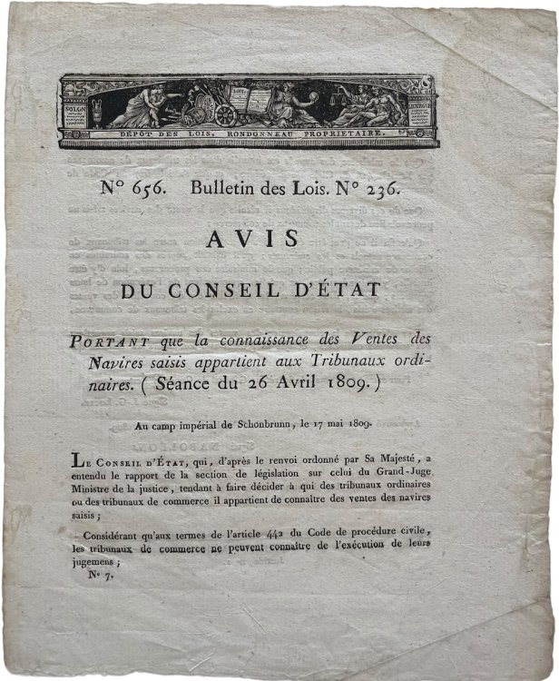 Avis du Conseil d’État Portant que la connaissance des Ventes des Navires saisis appartient aux Tribunaux ordinaires.