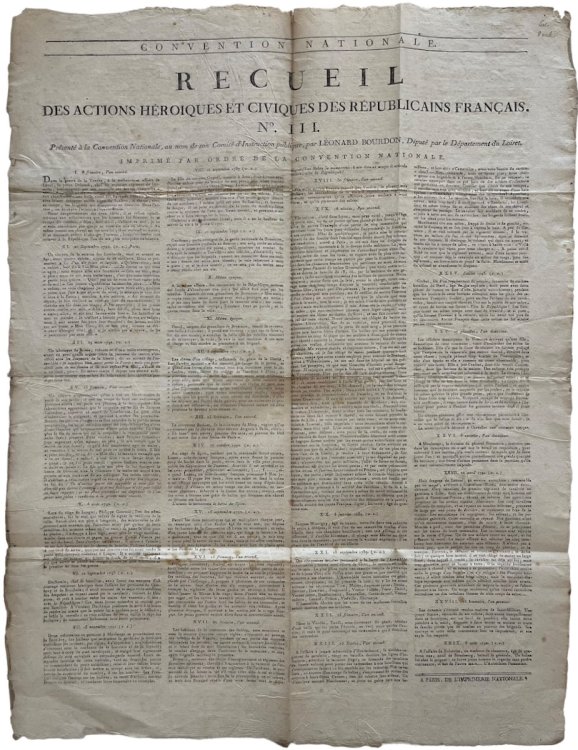 Recuil des Action Héroiques et Civiques des Républicains Français. No. III. Présenté à la Convention Nationale, au non de son Comité d’Instruction publique, par Léonard Bourdon, Député par le Départment du Loiret.