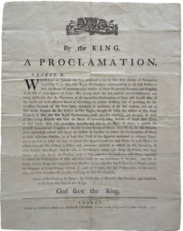 By the King. A Proclamation [recommending “the greatest economy and frugality in the use of every species of grain,”].