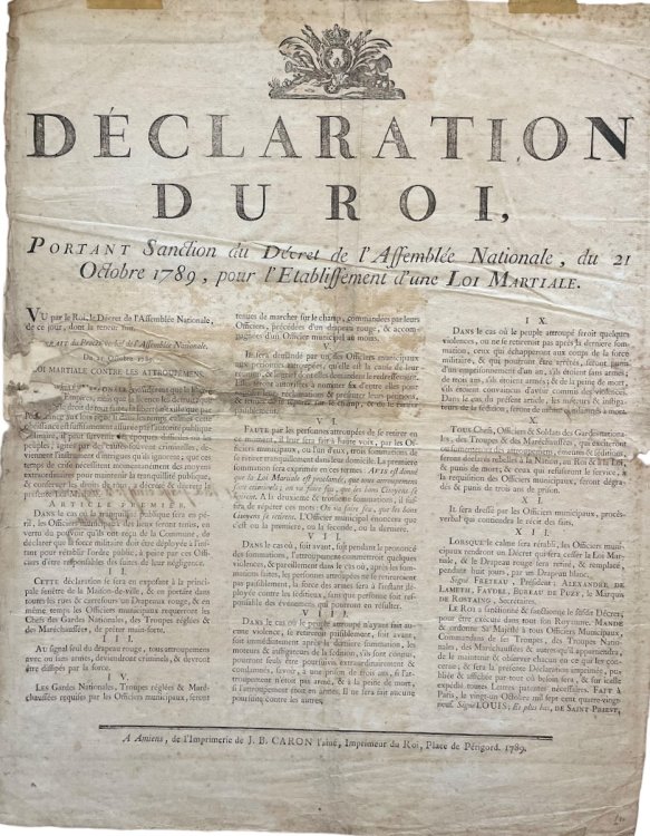 Declaration du Roi, Portant Sanction du Décret de lAssemblée Nationale, du 21 Octobre 1789, pour l’etablissement d’une Loi Martiale.