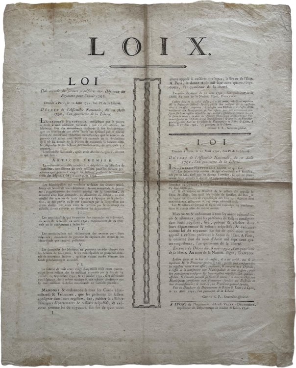 Loix Qui Accorde des Secours Provisoires aux Hôpitaux du Royaume pour l’année 1792.