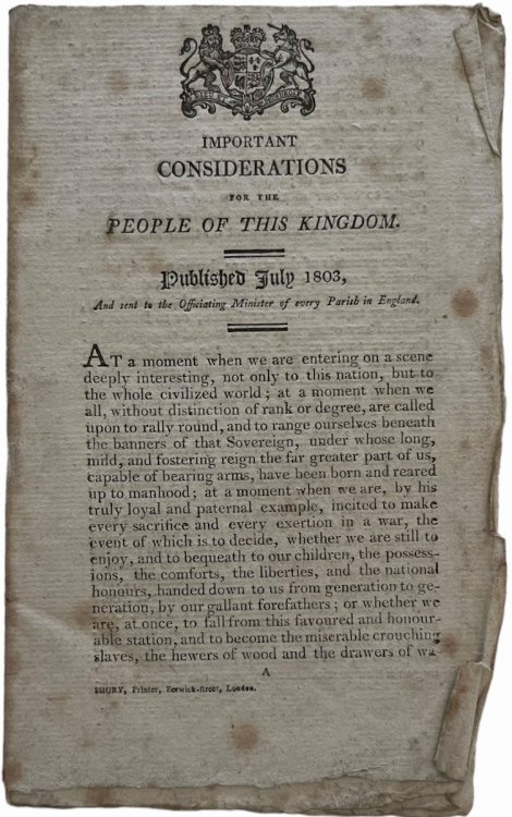 Important Considerations for the People of This Kingdom. Published July 1803, and sent to Officiating Ministers of every parish in England.