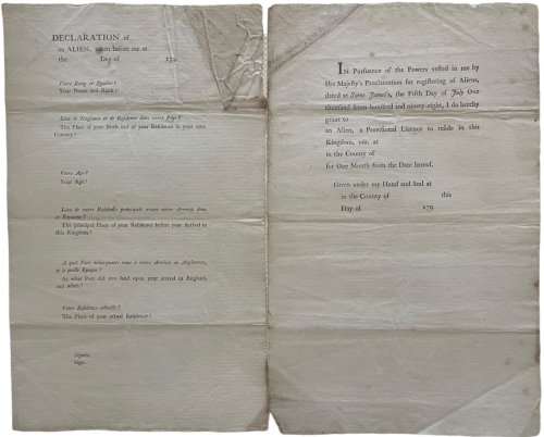 Declaration of an Alien, taken before me. [with] Grant to an Alien, a Provisional Licence to reside in this Kingdom.