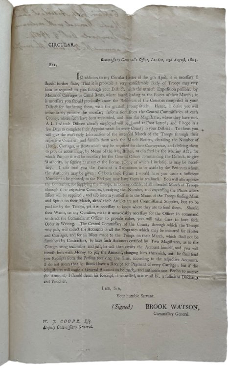 Copy letter from Captain William Cox, Assistant Quarter Master-General to the Earl of Derby [Lord Lieutenant of Lancashire] with copy letter from Brook Watson, Commissary General of Britain regarding the movement of troops through the district and the requisitioning of wagons, carts, post carriages,