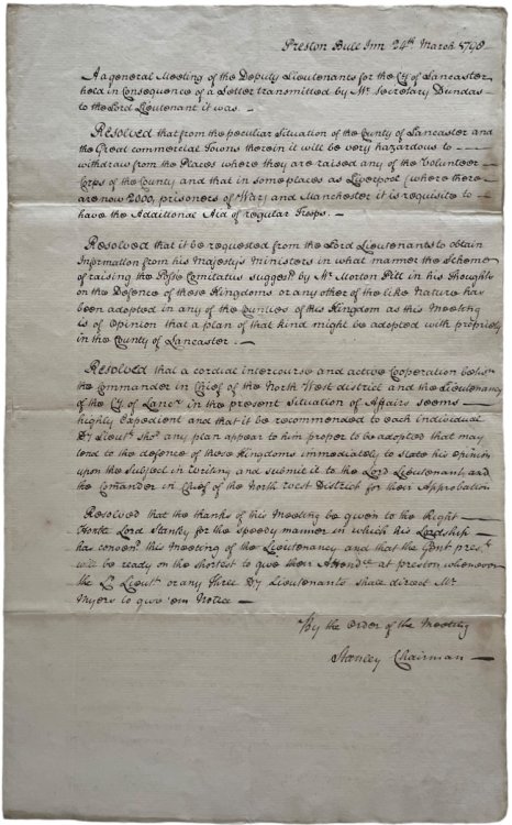 At a General Meeting of the Deputy Lieutenants of the County of Lancaster held in Consequence of a Letter transmitted by Mr. Secretary Dundas to the Lord Lieutenant it was resolved.