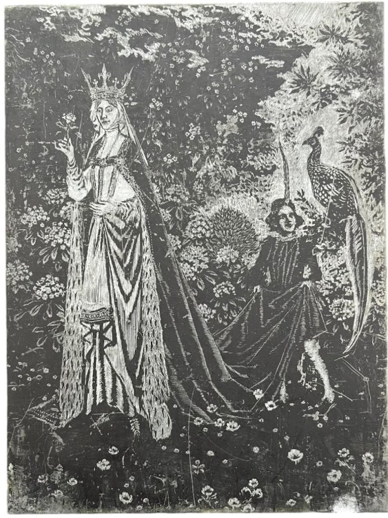 Original Steel Plate for Illustration of a Queen in a Garden with Page Boy and Peacock.