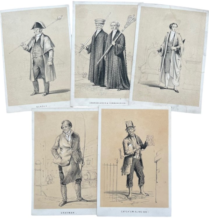 5 Lithographic Cards of London Trades and Professions: Sheriff, Swordbearer & Commoncrier, Drayman, Beadle, Fly-paper seller.