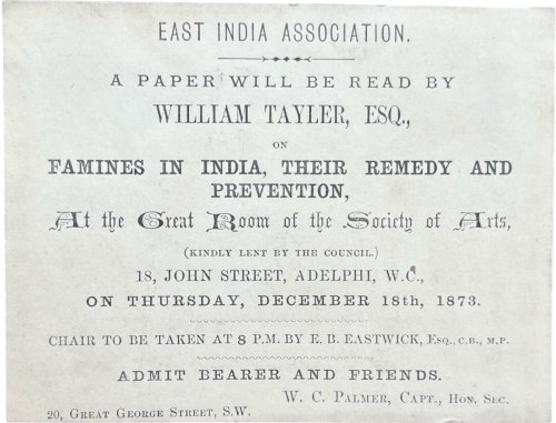 A Paper will be read by William Tayler, Esq., on Famines in India, Their Remedy and Prevention.