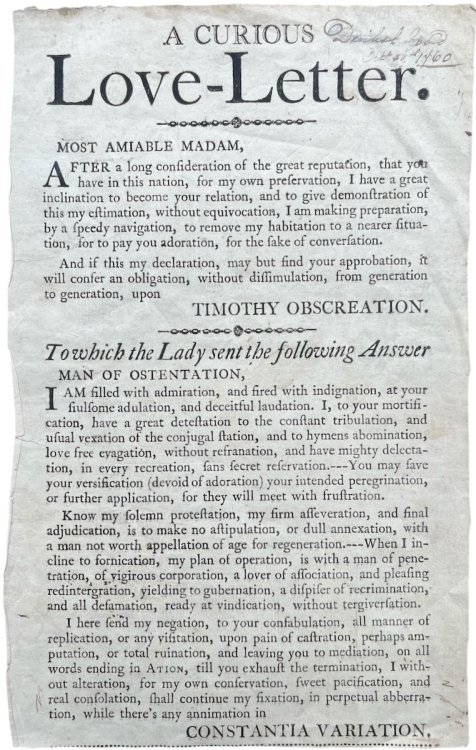 A Curious Love Letter. Most Amiable Madam. Man of Ostentation.