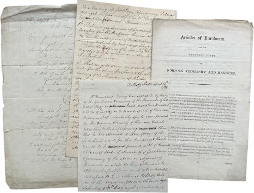Articles of Enrolment for the Proposed Corps of Norfolk Yeomanry and Rangers. [with] &ldquo;The Norfolk Rangers,&rdquo; a song. [with] Minutes of a Meeting for the Forming of a Corps of Cavalry. [with] Memorandum regarding forming of the Gentleman Yeomanry [or Norfolk].