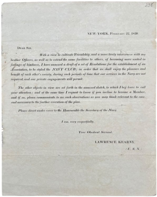 Letter regarding the Establishment of a Navy Club at New York.