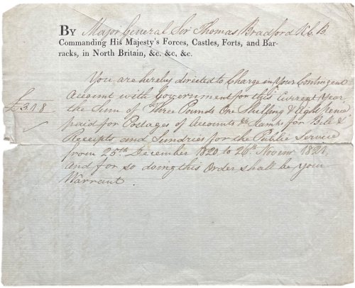 By Major General Sir Thomas BradFord K.C.B. Commanding His Majesty;s Forces, Castles, Forts, and Barracks, in North Britain, &c. &c. &c. Your are hereby directed to charge.