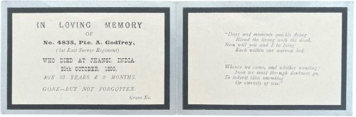 In Memoriam Card for No. 4825 Pte. A. Godfrey who died at Jhansi, India, 25th October, 1899.