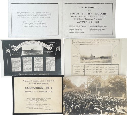 Postcards and In Memoriam Cards for 5 British Submarine Disasters.