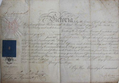 Commission for James Stewart, Esquire to hold the Rank of Captain in the Queen’s Army, in the East Indies only. Signed by Hugh Gough, Commander in Chief, East Indies.