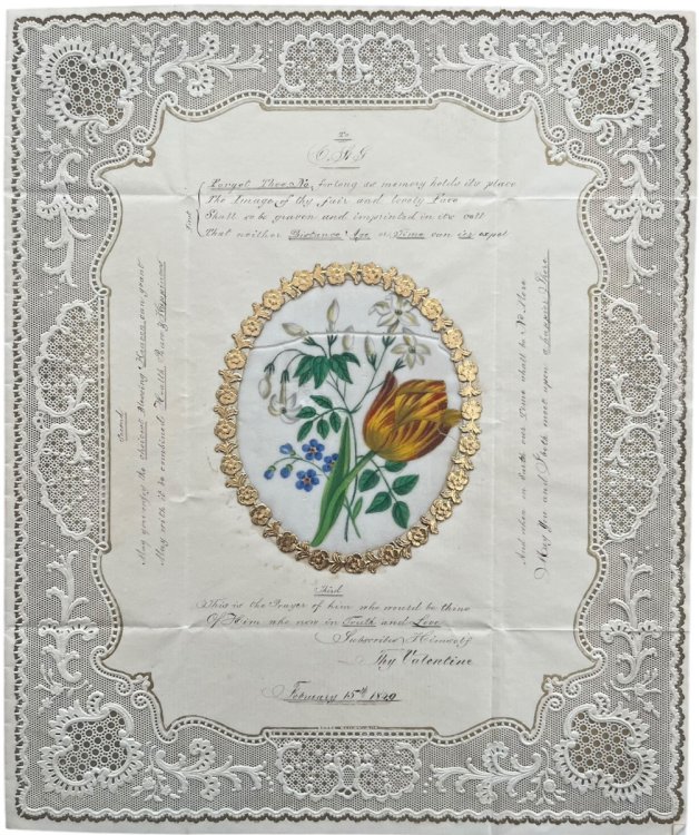 Forget Me Not. Valentine with pith picture watercolour, addressed to C. St. G. from Thy Valentine.