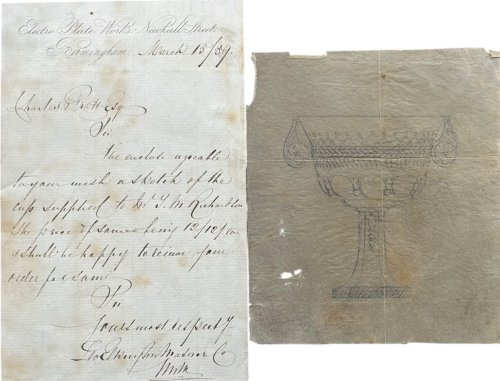 Original drawing for a cup or chalice with letter.