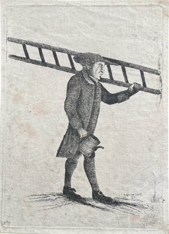 Lamp Lighter holding a ladder and oil can.