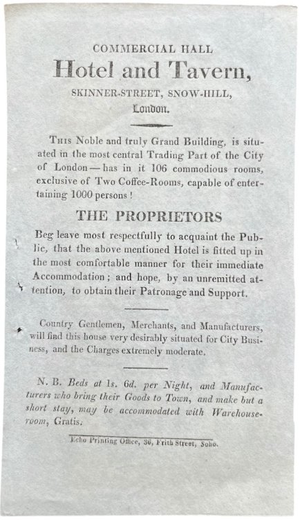 Hotel and Tavern, Skinner-Street, Snow-Hill, London.