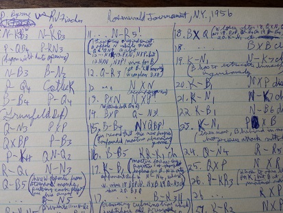 1956 ORIGINAL MANUSCRIPT NOTES ON THE CHESS 'GAME OF THE CENTURY' WHEN THE 13 YEAR OLD BOBBY FISCHER BEAT INTERNATIONAL CHESS MASTER DONALD BYRNE AT THE ROSENWALD MEMORIAL TOURNAMENT
