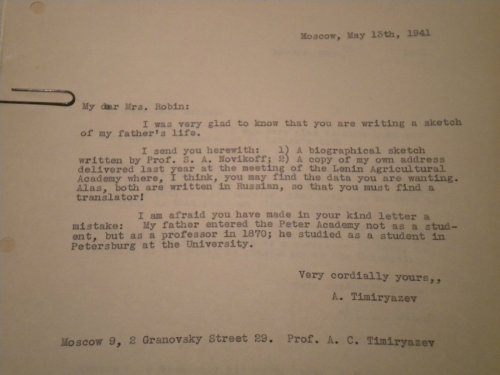 1941 ORIGINAL CORRESPONDENCE AND BIOGRAPHY OF THE PATRIARCH AND SEMI EXILE OF TZARIST RUSSIA KLEMENTI ARKADAVICH TIMIRYAZEV