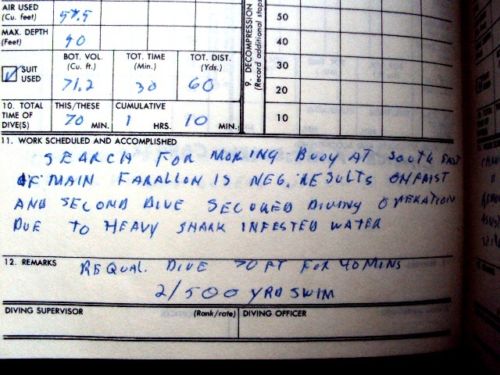 1965 ORIGINAL UNITED STATES NAVY DIVER'S LOG BOOK DETAILING HIS WORK IN SAN FRANCISCO BAY AND AREA WATERS WITH DUTIES RANGING FROM RECOVERING BUOYS TO BODIES AND MORE