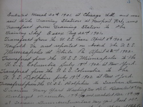 1901 - 1920 ORIGINAL MANUSCRIPT CAREER LOG BOOK OF AN UNCOMMON MAN WHO RISES FROM COMMON SAILOR SERVING BELOW DECKS TO ONE DAY SERVE AS A SHIP'S CAPTAIN IN THE UNITED STATES NAVY
